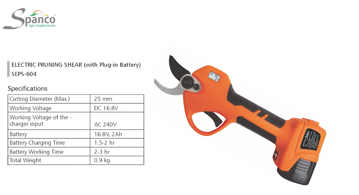 SPANCO Electric Pruning Shear (SEPS-604) - Plug in Battery, 16.8V Power, 25mm Cutting, Fast Charge (1.5-2 HR), Long Battery Life (2-3 HR), Electric Branch Cutter