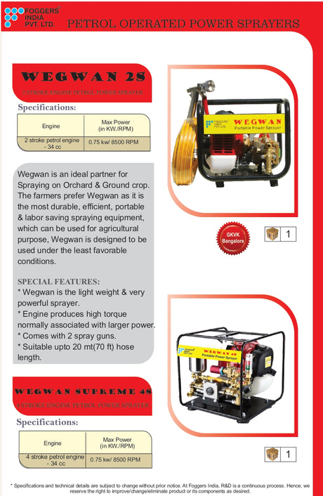 Wegwan Portable Power Sprayer, 34 CC, 1 HP, 2 Stroke, For Fruit & Vegetable Farm Spraying